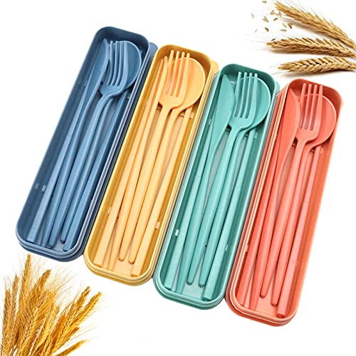 Wheat Straw Cutlery, 4 Sets Portable Cutlery Set, Reusable Spoon Fork Chopsticks Tableware Set for Celebrate Holidays Picnics Daily Use Travel Flatware Set(4 Colors, With Storage Box)