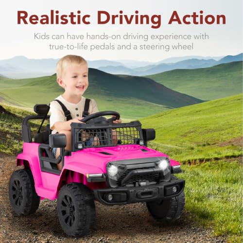Image of Best Choice Products 12V Kids Ride On Truck Car w /Remote Control, Electric Ride On Car for Toddlers 3-5, Battery Powered Ride On Toy w /LED Lights, 4-Wheel Suspension, Safety Harness - Bold Pink
