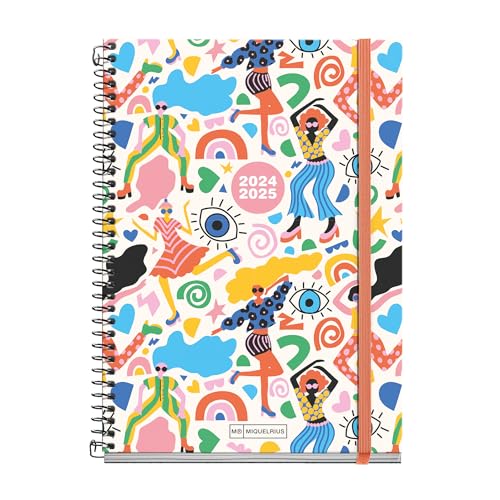 Miquelrius   Agenda Escolar 2024 2025, Septiembre 24 a Junio 25, 154 x 215 mm, Agenda Semana Vista, Cubierta Cartón Forrado, Agenda 2024 2025, Espiral Metálico Negro, Español e Inglés, Party
