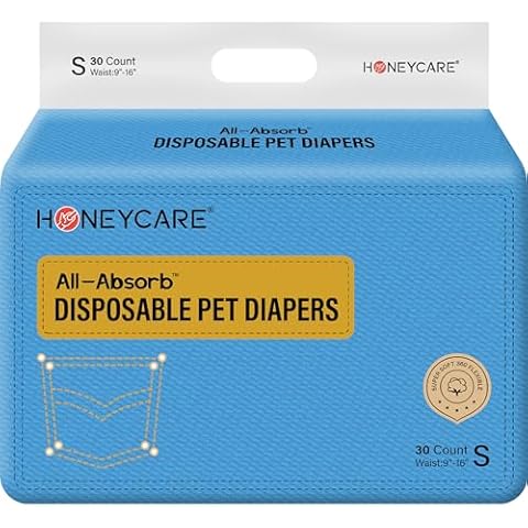 HONEY CARE Female Dog Diapers, Disposable Diapers for Female Dog with Stretchy Waist, Dog Pull-Ups for Easy wear, Dogs in Heat Period Super Absorbent Leak-Proof Doggie Diapers, Size Small, 30 Count Cover