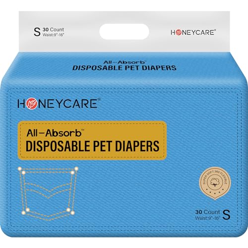 Honeycare Female Dog Diapers, Disposable Diapers for Female Dog with Stretchy Waist, Dog Pull-Ups for Easy wear, Dogs in Heat Period Super Absorbent Leak-Proof Doggie Diapers, Size Small, 30 Count