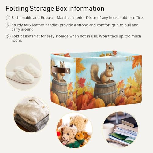 Image of Aslsiy Storage Basket Fall Squirrel Pumpkins Maple Nursery Bins Blue Sky Baby Box Canvas Clothes Shelf Basket Laundry Hampers 2 Pcs