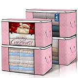 Budding Joy 90L Large Storage Bags, 4 Pack Clothes Storage Bins Foldable Closet Organizer Storage Containers Storage and Organization for Clothes, Blanket, Pillows and Toys (Pink)
