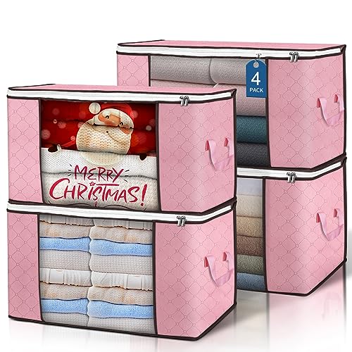Image of Budding Joy 90L Large Storage Bags, 4 Pack Clothes Storage Bins Foldable Closet Organizer Storage Containers Storage and Organization for Clothes, Blanket, Pillows and Toys (Pink)