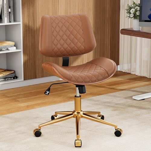 Image of Armless Office Chair with Back, Mid Century Modern Small Desk Chair, No Arms Leather Computer Chair for Home Office, Swivel Vanity Chair, Rolling, Adjustable Height (Light Brown)