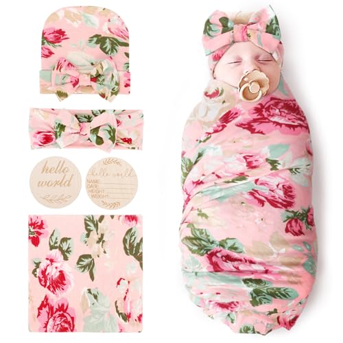 Image of DRESHOW BQUBO Baby Girl Newborn Floral Receiving Blankets with Bow Hat Headband Wooden Birth Announcement Card Set Newborn Baby Swaddling Hats Sleepsack Toddler Warm Shower Gift