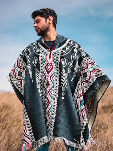 Image of Alpaca Mens Poncho with Hood - Cowboy Serape Western Poncho - Clint Eastwood Poncho for Men - Ecuadorian Cloak with Hood Men