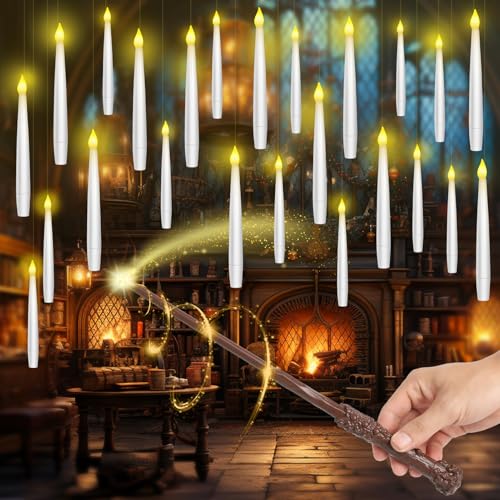 Aptliton 24pcs Floating Candles with Wand Remote Flickering Warm Light with 6H Timer Battery Flameless Hanging LED Taper Magic Candles for Christmas Halloween Home Party Decorations