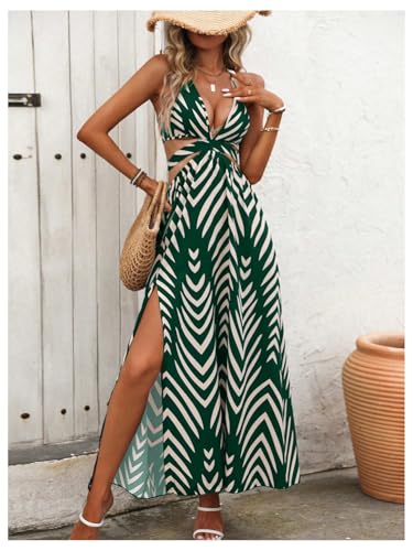 Image of SOLY HUX Women's Tie Backless Cut Out Halter Dress Deep V Neck High Split Long Flowy Dresses