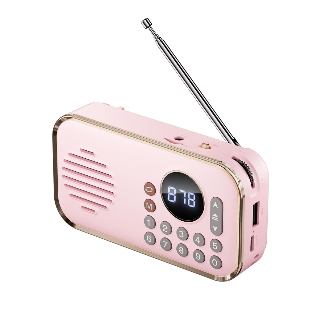 Radio FM Portátil Recargable Pequeño Altavoz Bluetooth Inalámbrico Sonido Estéreo Envolvente USB Radios Vintage Rosa