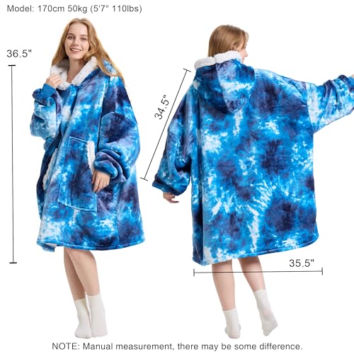 Kipswiza Wearable Blanket Hoodie, Oversized Cozy Warm Sherpa Fleece Hooded Blankets Sweatshirt - Gifts for Mom, Dad, Women, Men, Teens, Adult (Blue Tie Dye)
