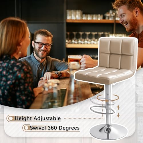 Image of Homall Bar Stools Modern PU Leather Adjustable Swivel Barstools, Armless Hydraulic Kitchen Counter Bar Stool Extra Height Square Island Barstool with Back Set of 2 (Khaki)