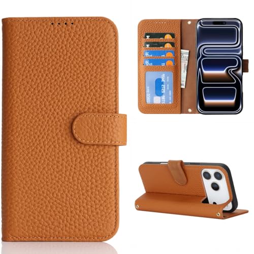 Coque iPhone 17 Pro Max en cuir véritable, étui portefeuille haut de gamme marron Cavor