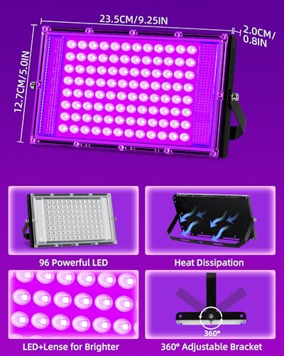 Image of THECHAM 100W LED Black Lights IP66 Waterproof Black Light Outdoor with 5.9ft Plug+Switch,Flood Blacklight for Halloween Glow in The Dark Party Stage Light Neon Glow Birthday 2 Pack