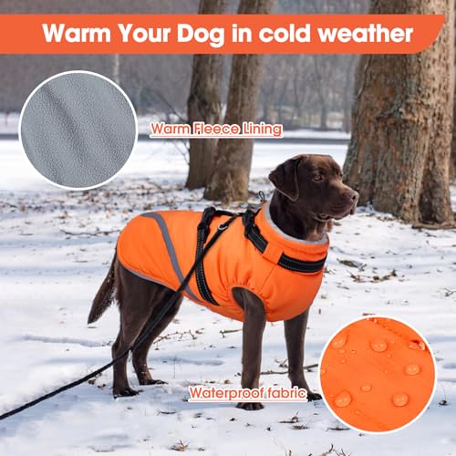 Image of BRKURLEG Dog Winter Jackets for Large Dogs, Dog Coat with Harness Built in, Dogs Snowsuits with Zipper, Waterproof Windproof Pet Puffer Jacket Fleece Vest for Labrador, Dalmatian, Orange XXL