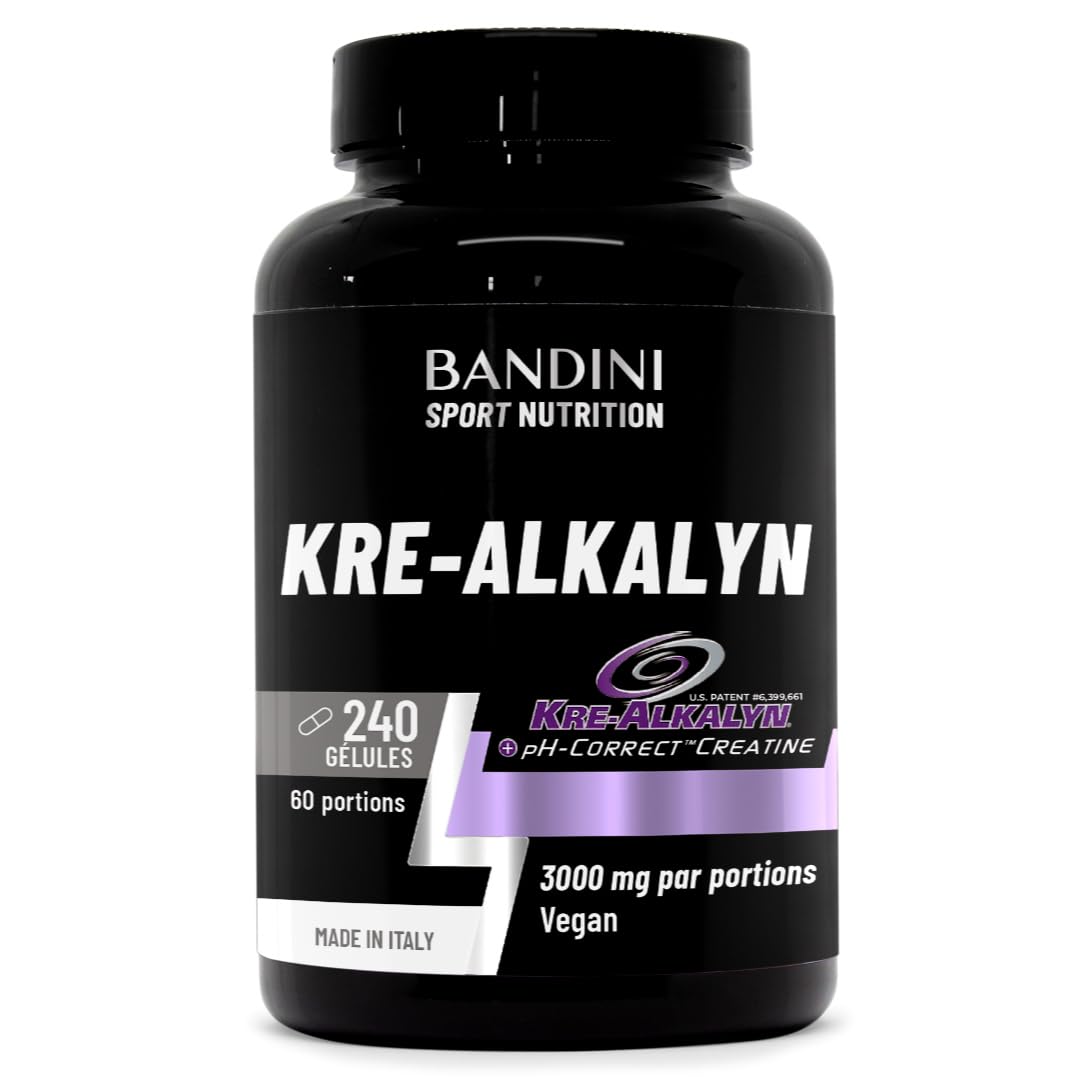 Bandini® Kre-Alkalyn® 240 capsules - Créatine alcaline tamponnée - Booster | Spécial Exercices intenses, Entraînement, Muslces, Sport et Gym - Gélules Végétalien - Monohydrate de creatine tamponnée