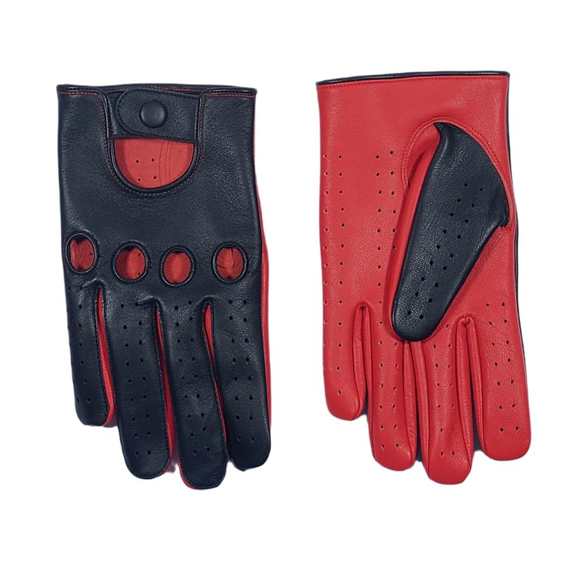 LEATHER LH HANDS Men's Genuine Leather Driving Gloves with Knuckle Holes Red/Black Large
