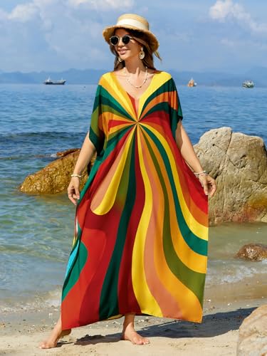 Image of sunforyou Kaftan Dresses for Women Plus Size Lightweight Swimsuit Cover up Batwing Sleeve Print Loungewear Beach Robe