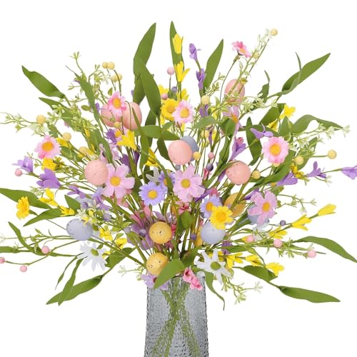 HUAESIN 6 PCS 20 Inch Pastel Easter Eggs Stems Easter Floral Picks Berries Colorful Easter Flower Arrangements Silk Artificial Easter Bouquet for Home Decor Table Centerpiece