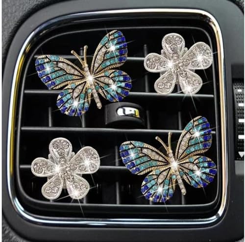 Image of Bling Butterfly Air Vent Clips,4Pcs Blue Crystal Daisy Car Air Fresheners Vent Clips Car Diffuser Vent Clip Rhinestone Diamond Flower Decoration Bling Cars Accessories for Women ，Interior Accessories