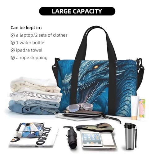 Sports Gym Bag for Women Men Travel Duffel Bag Tote Weekender Bag Carry on Overnight Bag for Travel Swimming Fitness Workout Sports Dragon Cool Blue Duffle Bag4
