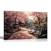 Artley Prints - Night Fall Pink Blossom Tree Lake Canvas Wall Art Prints Home Office Bedroom Star Scenary Pictures Decoration 60 X 40cm (24 X 16 Inches) A2