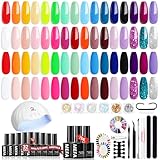 MEFA 54Pcs Gel Nail Polish Kit with U V Light, 32 Colors Bright Neon Spring Summer Pink Gel Polish Nail Set with Matte/Glossy Base Top Coat Essential Manicure Tools Nails Art Decorations Salon Gifts