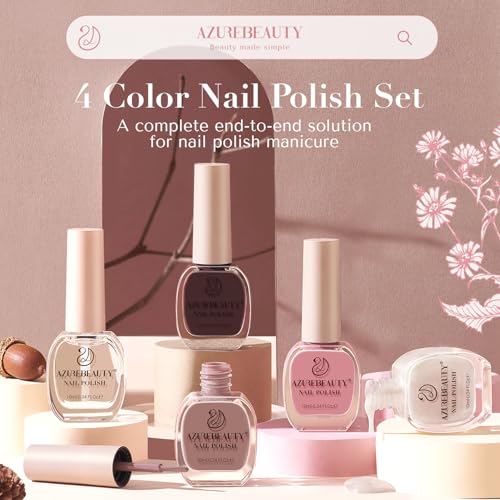 Image of AZUREBEAUTY Nail Polish Set 4 Colors Brown Pink Glitter Nail Polish Quick Dry Natural Nail Lacquer Fingernail Kit with Top Coat DIY Salon Home