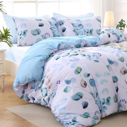 Image of MUXHOMO Bed in a Bag King 7 Pieces, King Comforter Set Reversible Blue Botanical Flowers Design, Ultra Soft & Breathable Bedding Sets with Comforter, Sheets, Pillowcases & Shams
