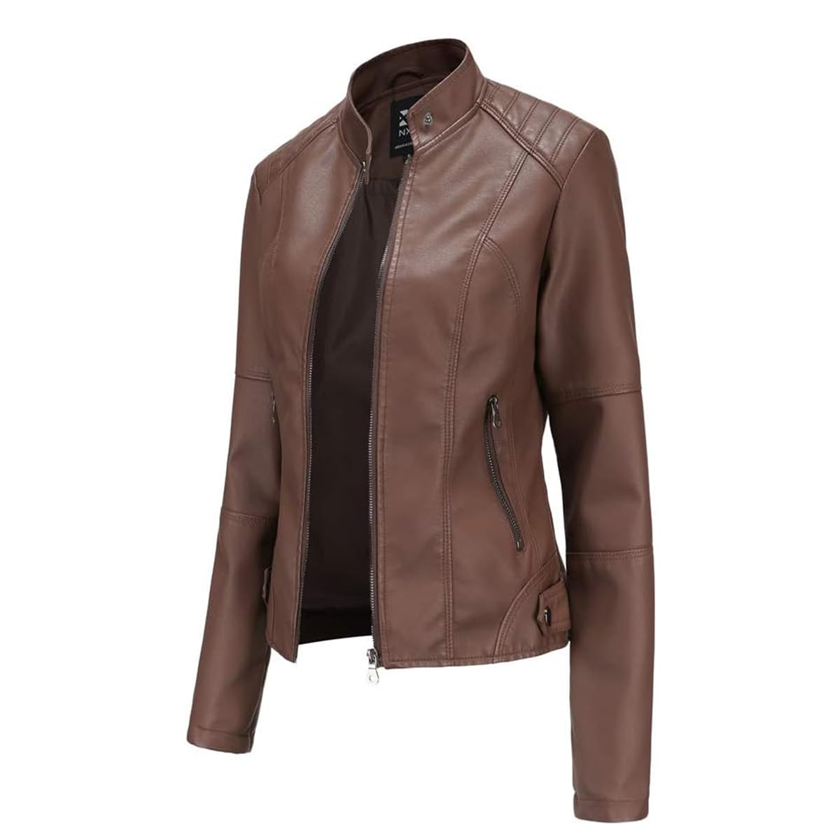 Hiseng Chaqueta de Cuero Sintético para Mujer, PU Chaqueta Cuero Mujer, con Bolsillos con Cremallera, Negra Moda Corta Cazadora, Otoño, Primavera