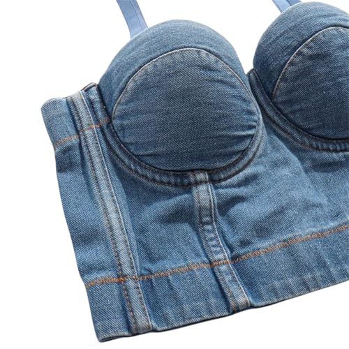Stylish Junior Girls Denim Crop Top with Shoulder Straps - Polyester Cotton Spandex Blend, Figure-Enhancing Fit3