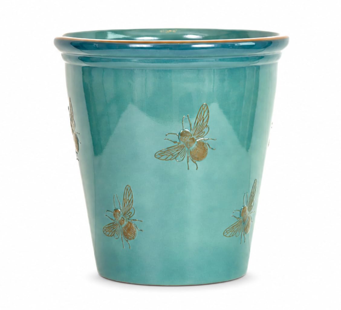 34 Litre Decorative Meadow Bee and Butterfly Plant Pots for Indoor & Outdoor Use, Lightweight 100% Recycled Plastic Flower Planters, Frost Proof, UV Resistant, Ceramic-Look Finish, Sea Green, Bee