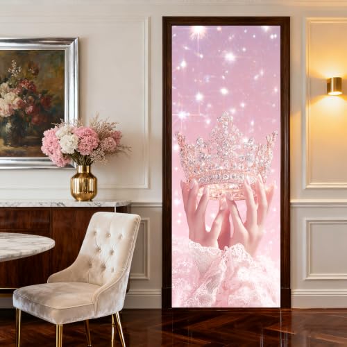 Image of Nuxovilar Pink Crown Door Stickers Peel Stick PVC 30.31x78.74 in