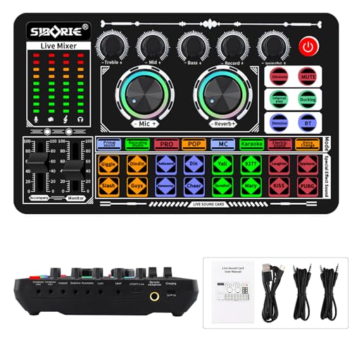F999 Live Sound Card with DJ Mixer Effects & Voice Changer,Sound Card for Live Streaming, 16 Special Effects Ambient Sounds, LED Light Voice Changer(Black0)