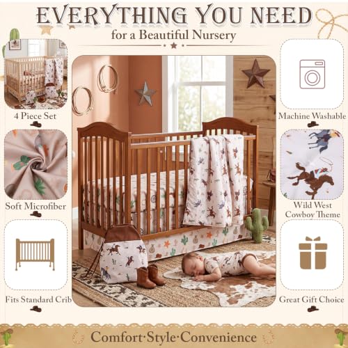 Image of Hahafelt 4 Pieces Crib Bedding Set for Girls and Boys, Soft Baby Bedding Set Including Crib Skirt, Comforter, Sheet and Diaper Stacker for Nursery(Western Cowboy)