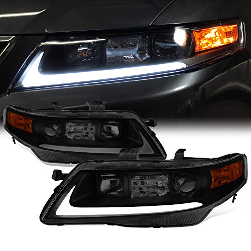 2004 acura tsx headlight assembly - AKKON - Fits 2004-2008 Acura TSX CL9 LED Tube Projector Front Black Smoked Headlights Headlamps Pair