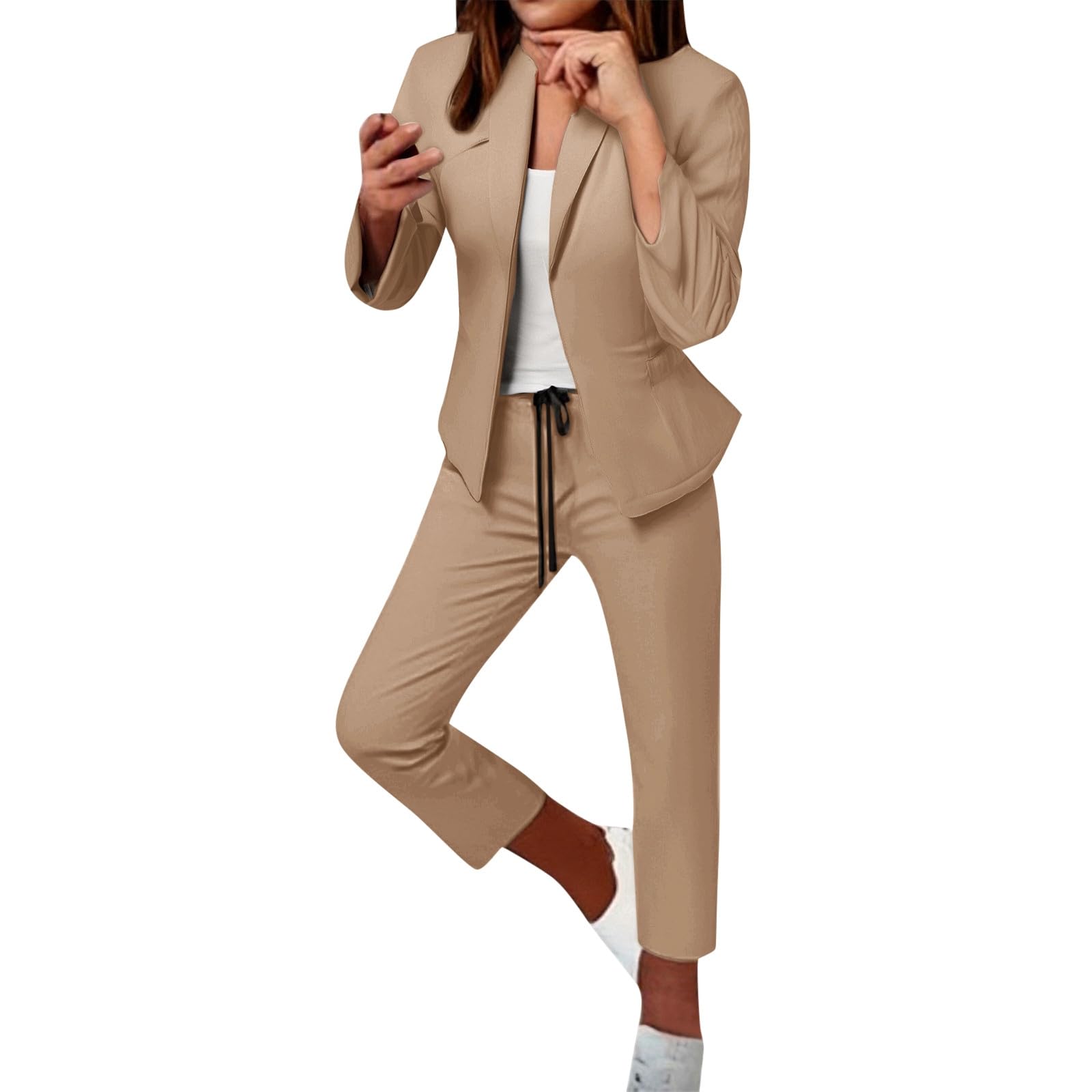 Womens Outfits Dressy Casual Spring Fall 2 Piece Blazers Set Long Blazers Jackets and Dressy Wide Leg Pant
