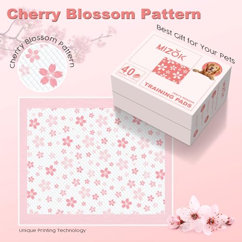 Image of MIZOK Puppy Pads 22x22in Pee Pads for Dogs with Cherry Blossom Pattern 6 Layer Super Absorbent for Up to 4 Cups Dog Pee Pads Leak-Proof Dog Pads for Small Dogs, Puppies, Doggie (28x34in | 40Ct-Pink)