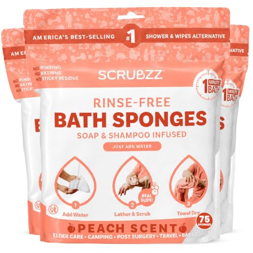 Scrubzz Disposable No Rinse Bathing Wipes - All-in-1 Single Use Shower Wipes, Simply Dampen, Lather, and Dry Without Shampoo or Rinsing (Peach, 3-Pack)