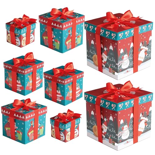 THE TWIDDLERS 8 Weihnachts-Geschenkboxen mit Deckel (4 Größen: 10-18cm) – Quadratisches Karton Set zum Falten – Wiederverwendbare Geschenkverpackung mit Schleife – Rot & Grün