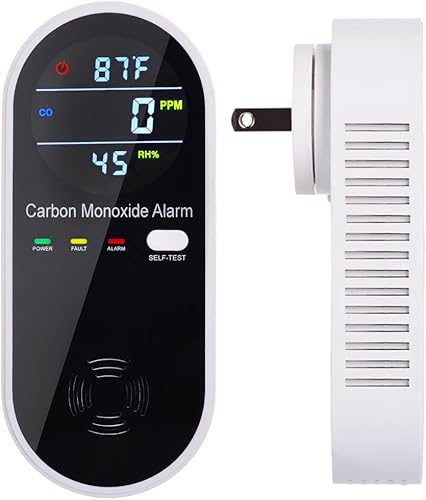 Detector de monóxido de carbono 3 en 1, detector de monóxido de carbono enchufable en pared con pantalla de temperatura y humedad, monitor de alarma