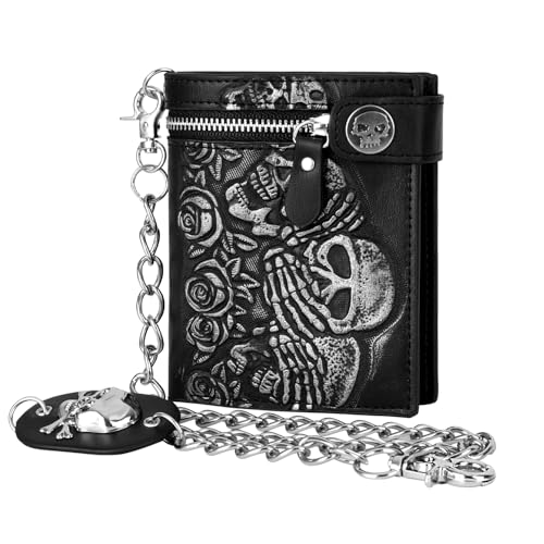 Skull Gothic Chain Wallet - Leather Punk Bifold | Unisex Halloween Goth Accessory - Black