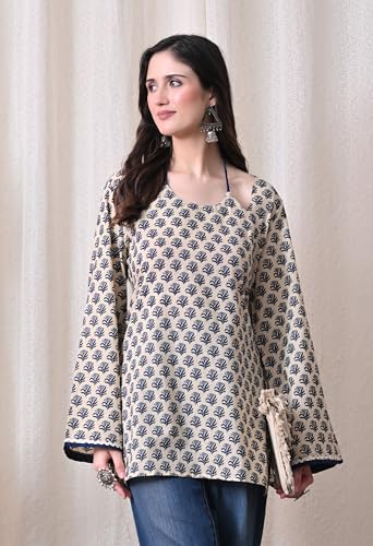 Image of MEERA FAB Women Cotton Printed A-Line Tunic Top with Square Neck | Floral Printed Halter Strap Detail & Bell Sleeves | Short Kurti for Women