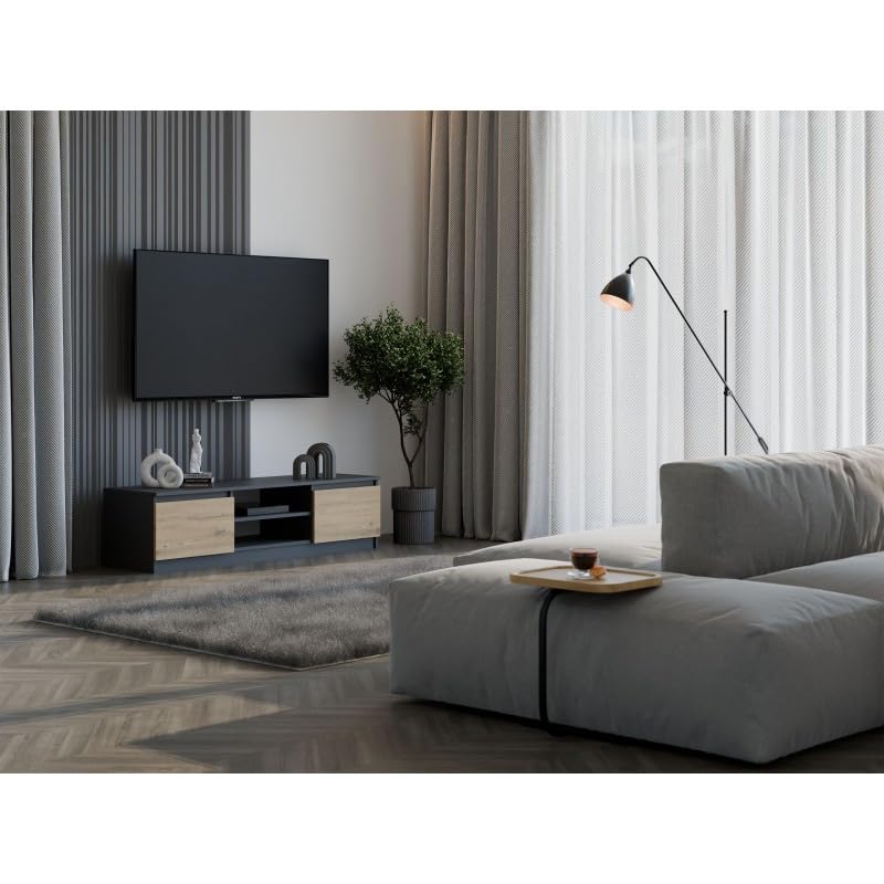 CDF TV Schrank Lowboard mit 2 Türen 2 Regale TV Board Fernsehschrank 140 cm lang Fernsehtisch für Fernseher Sideboard TV-Tisch Wohnzimmer Schlafzimmer Kabelöffnung Anthrazit/Eiche Artisan 40x140x36 cm
