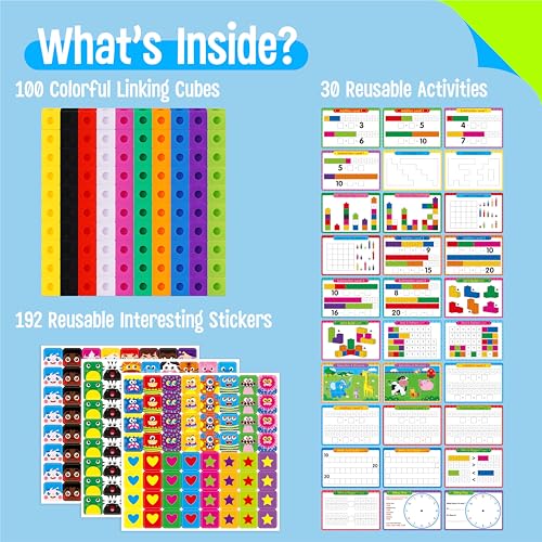 Image of Math Linking Cubes, 100 Math Cube Manipulatives with 30 Learning Activities plus 192 Reusable Stickers, Number Counting Blocks Snap Linking Math Counters, Fun & Educational Pre-K Counting Blocks