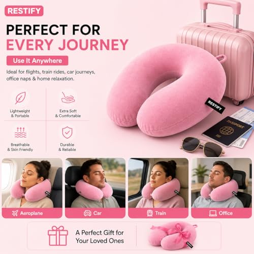 Image of Restify Premium Memory Foam Travel Neck Pillow | Soft Velvet U Shape Neck Support Cushion for Flight, Airplane, Car & Office Travel | Portable Pillow for Men & Women | Pink