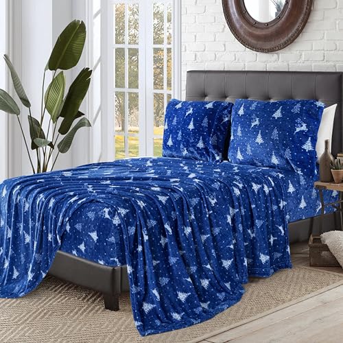Elegant Comfort Luxuriously Soft 4-Piece Holiday Velvet Plush Flannel Sheet Set - Premium Quality - Cozy Warm, Christmas Fuzzy Velvet Flannel Fleece Deep Pocket Sheet Set - King, Arctic Blue Christmas