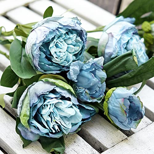 Image of FiveSeasonStuff Vintage Dusty Blue Peonies - Realistic Artificial Silk Flowers with Dry-Look Petals, 6 Stems for Rustic Home & Wedding Bridesmaids Bouquet Bridal Showers