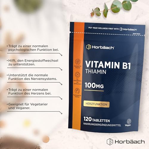 Vitamin B1 Hochdosiert 100mg Thiamin | 120 Vegane Tabletten | Ohne künstliche Zusätze | von Horbaach