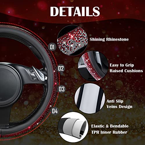 Image of CAR PASS Bling Diamond Leather Steering Wheel Cover, Bling Sparkly Crystal Glitter Rhinestones Universal Fit 14 inch 1 /2-15 inch Car Wheel Protector for Women Girl Fit Suvs,Vans,Sedans,Trucks, Red Silver